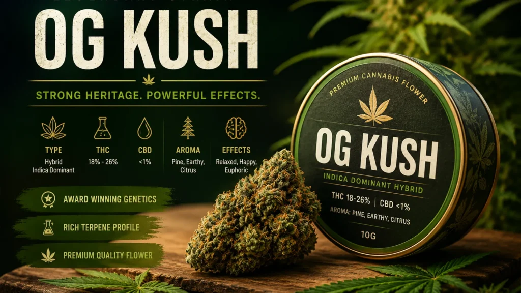 אריזה עגולה של זן הקנאביס OG Kush לצד תפרחת