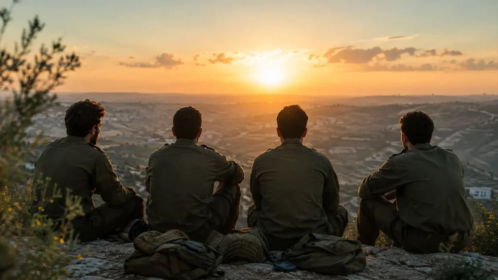 ארבעה חברים ששירתו במילואים משקיפים אל הנוף בשעת שקיעה, תמונת אודות של אתר TelegrassVIP העוסק במידע על קנאביס רפואי בישראל.