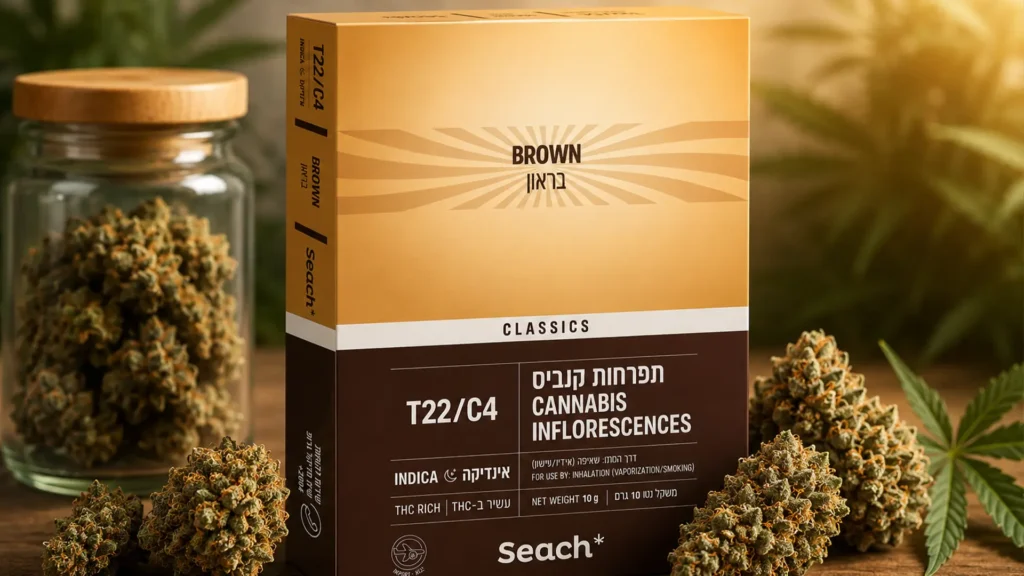 בראון (Brown) - זן קנאביס רפואי בקטגוריית T22/C4 עם תפרחות קנאביס איכותיות באריזה מקורית.