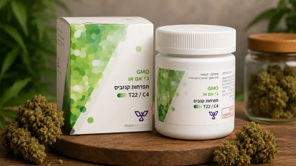זן הקנאביס הרפואי ג׳י אם או (GMO) - תפרחות קנאביס רפואי T22/C4 באריזה מקורית על רקע טבעי