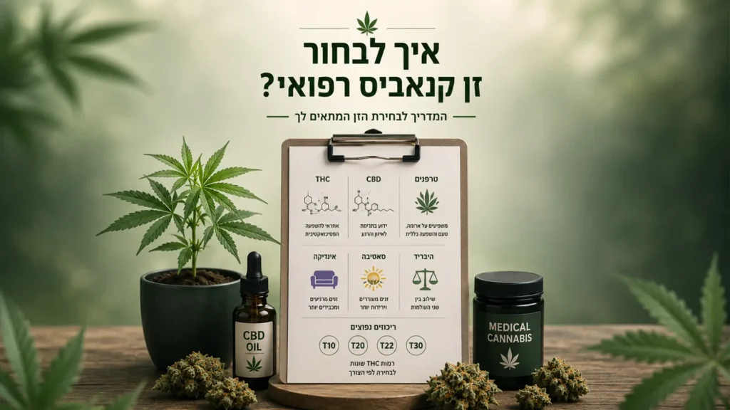 מדריך לבחירת זן קנאביס רפואי הכולל מידע על THC, CBD, טרפנים, אינדיקה, סאטיבה והייבריד.