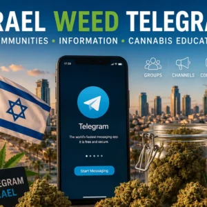 Israel Weed Telegram guide featuring cannabis flower with the Tel Aviv skyline representing Telegram cannabis communities in Israel