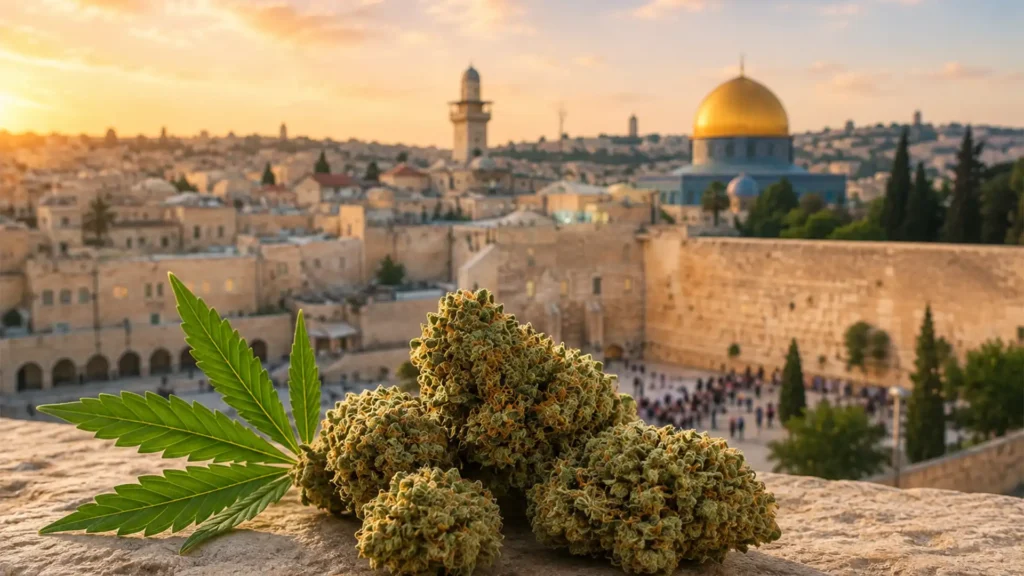 Jerusalem weed guide featuring cannabis flower with the Jerusalem skyline in the background