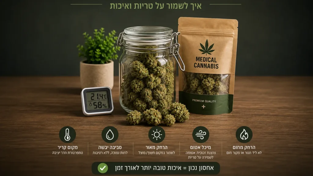 אחסון נכון של קנאביס רפואי בצנצנת זכוכית אטומה לשמירה על טריות ואיכות
