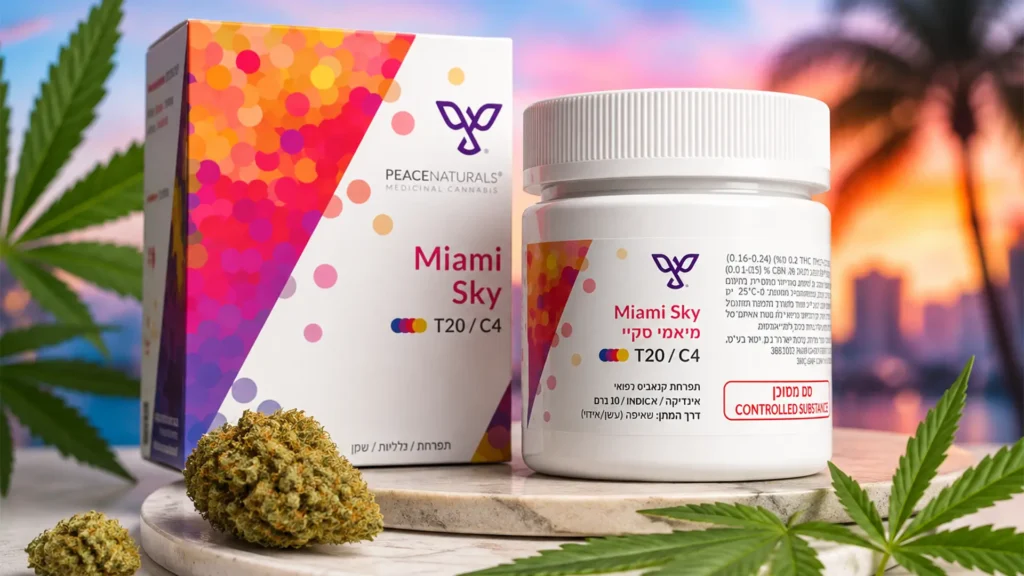 מיאמי סקיי (Miami Sky) - זן קנאביס רפואי T20/C4 של Peace Naturals עם תפרחות ואריזת המוצר