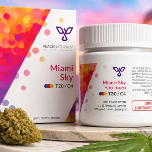 מיאמי סקיי (Miami Sky) - זן קנאביס רפואי T20/C4 של Peace Naturals עם תפרחות ואריזת המוצר