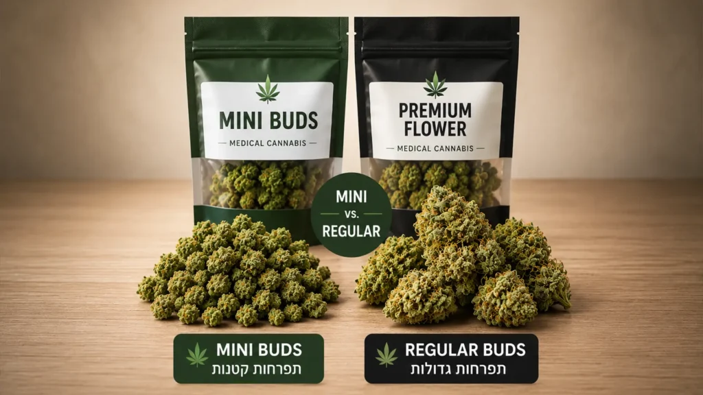 השוואה בין Mini Buds לבין תפרחות קנאביס רגילות בקנאביס רפואי - הבדלי גודל ומראה