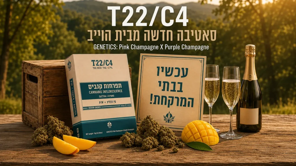 P.W (פי דבליו) T22/C4 של Wave - תפרחת קנאביס רפואי מסוג סאטיבה עם גנטיקה Pink Champagne × Purple Champagne