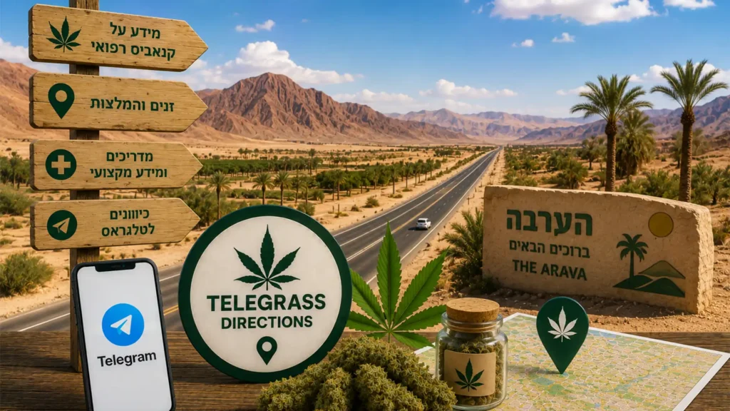 נוף מדברי של הערבה עם כביש ארוך, הרי אדום ואלמנטים גרפיים המסמלים טלגראס כיוונים הערבה וכיוונים טלגראס ומידע על קנאביס בישראל