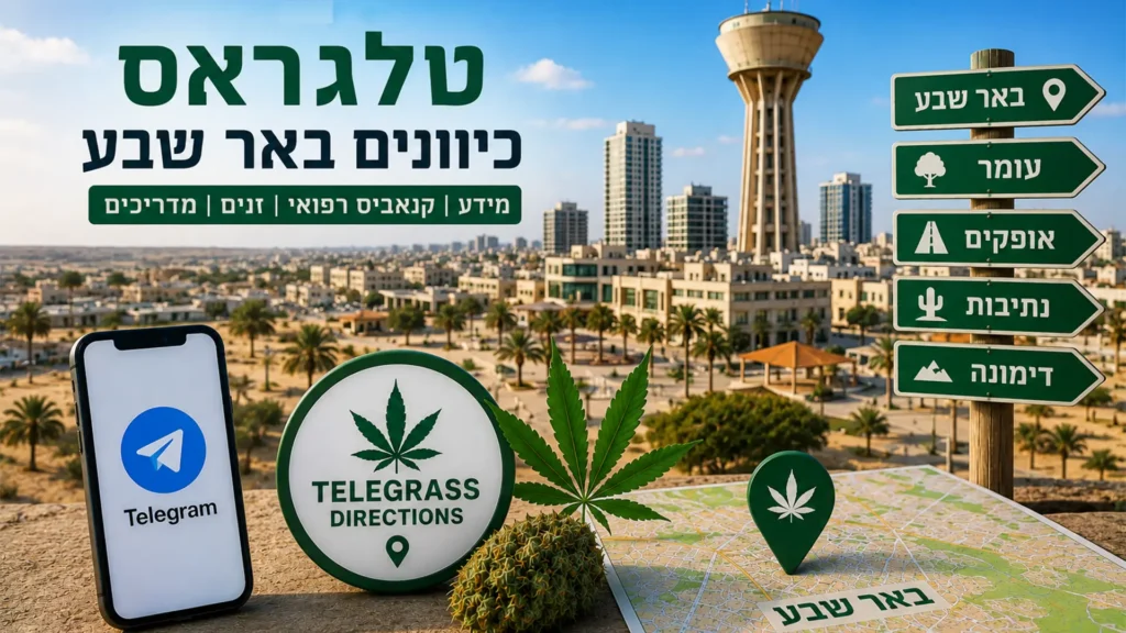 נוף העיר באר שבע עם אלמנטים גרפיים המסמלים טלגראס כיוונים באר שבע ומידע על קנאביס בישראל