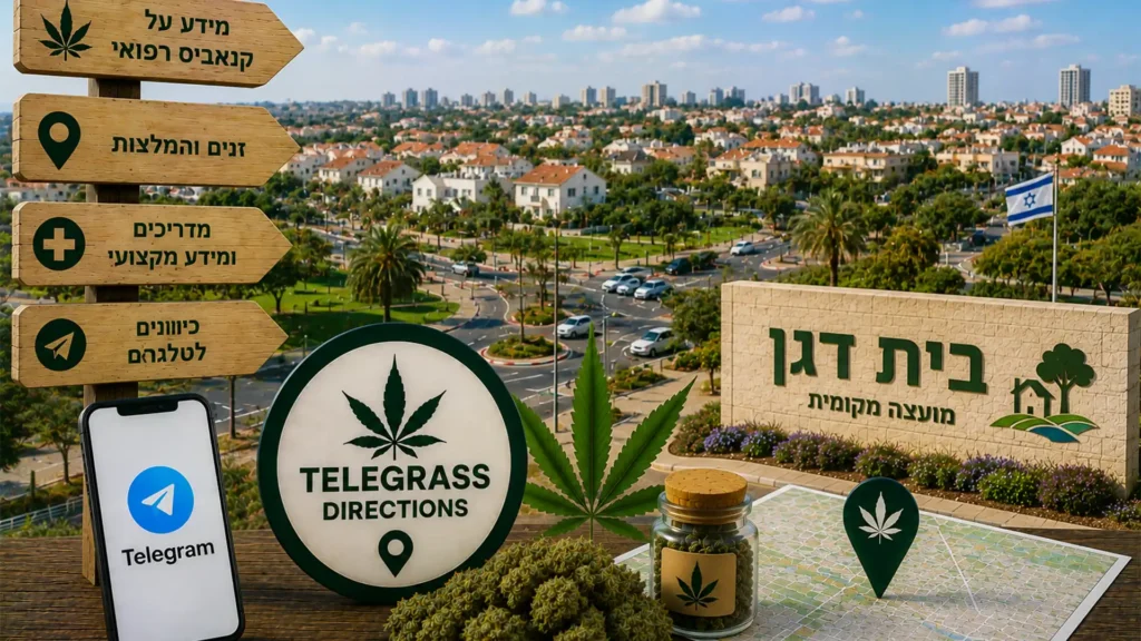 נוף היישוב בית דגן עם שכונות מגורים ושטחים ירוקים ואלמנטים גרפיים המסמלים טלגראס כיוונים בית דגן וכיוונים טלגראס ומידע על קנאביס בישראל