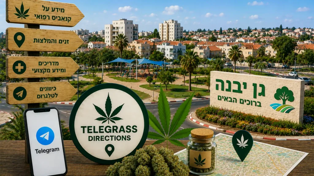 נוף גן יבנה עם פארקים ושכונות מגורים ואלמנטים גרפיים המסמלים טלגראס כיוונים גן יבנה וכיוונים טלגראס ומידע על קנאביס בישראל