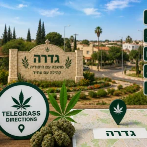 נוף המושבה גדרה עם אלמנטים גרפיים המסמלים טלגראס כיוונים גדרה וכיוונים טלגראס ומידע על קנאביס בישראל