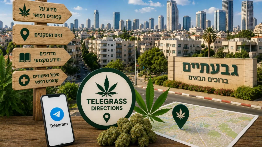 נוף העיר גבעתיים עם קו הרקיע של גוש דן ואלמנטים גרפיים המסמלים טלגראס כיוונים גבעתיים וכיוונים טלגראס ומידע על קנאביס בישראל