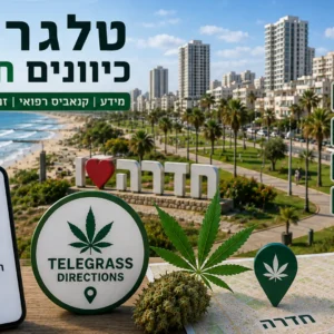 נוף העיר חדרה עם אלמנטים גרפיים המסמלים טלגראס כיוונים חדרה ומידע על קנאביס בישראל