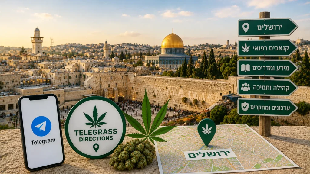 נוף העיר ירושלים עם אלמנטים גרפיים המסמלים טלגראס כיוונים ירושלים וכיוונים טלגראס ומידע על קנאביס בישראל