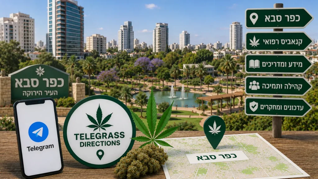 נוף העיר כפר סבא עם אלמנטים גרפיים המסמלים טלגראס כיוונים כפר סבא וכיוונים טלגראס ומידע על קנאביס בישראל