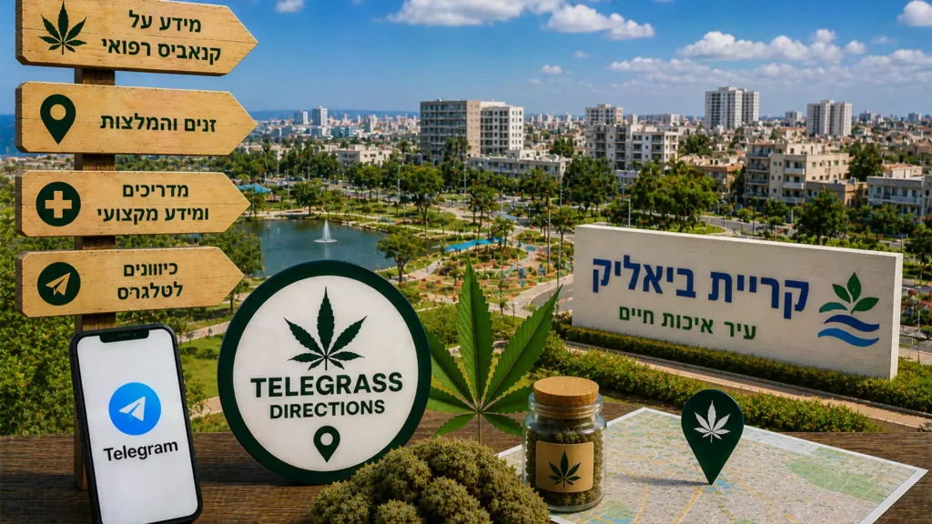 נוף העיר קריית ביאליק עם פארקים ושכונות מגורים ואלמנטים גרפיים המסמלים טלגראס כיוונים קריית ביאליק וכיוונים טלגראס ומידע על קנאביס בישראל