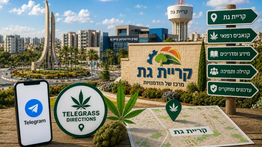 נוף העיר קריית גת עם אלמנטים גרפיים המסמלים טלגראס כיוונים קריית גת וכיוונים טלגראס ומידע על קנאביס בישראל