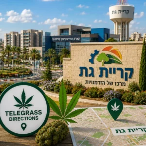 נוף העיר קריית גת עם אלמנטים גרפיים המסמלים טלגראס כיוונים קריית גת וכיוונים טלגראס ומידע על קנאביס בישראל