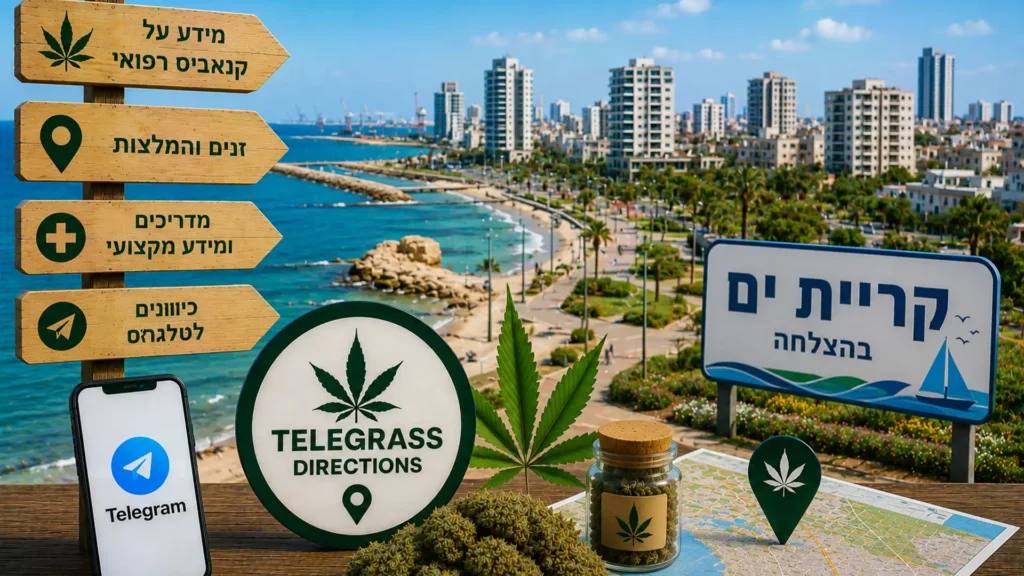 נוף חוף הים והטיילת בקריית ים עם אלמנטים גרפיים המסמלים טלגראס כיוונים קריית ים וכיוונים טלגראס ומידע על קנאביס בישראל