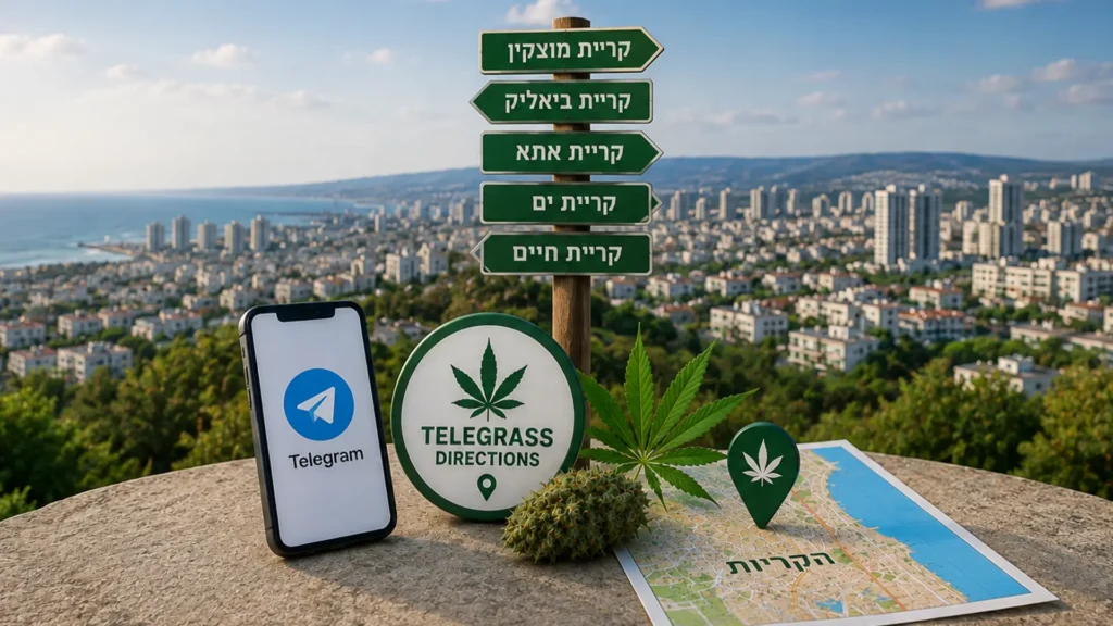 נוף אזור הקריות עם אלמנטים גרפיים המסמלים טלגראס כיוונים הקריות ומידע על קנאביס בישראל