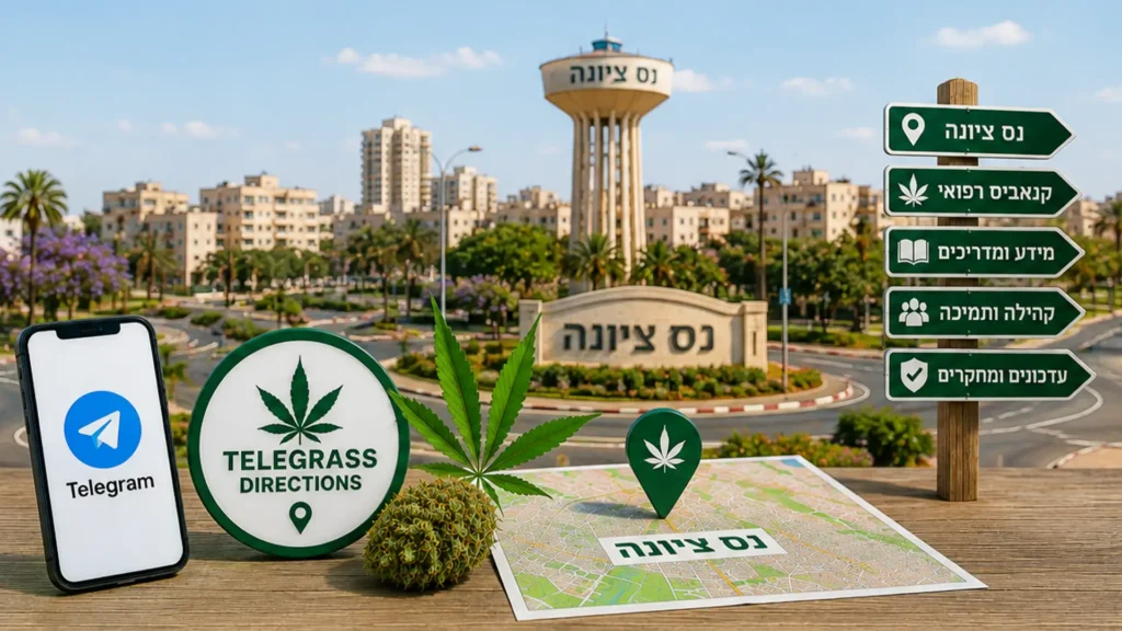 נוף העיר נס ציונה עם אלמנטים גרפיים המסמלים טלגראס כיוונים נס ציונה וכיוונים טלגראס ומידע על קנאביס בישראל