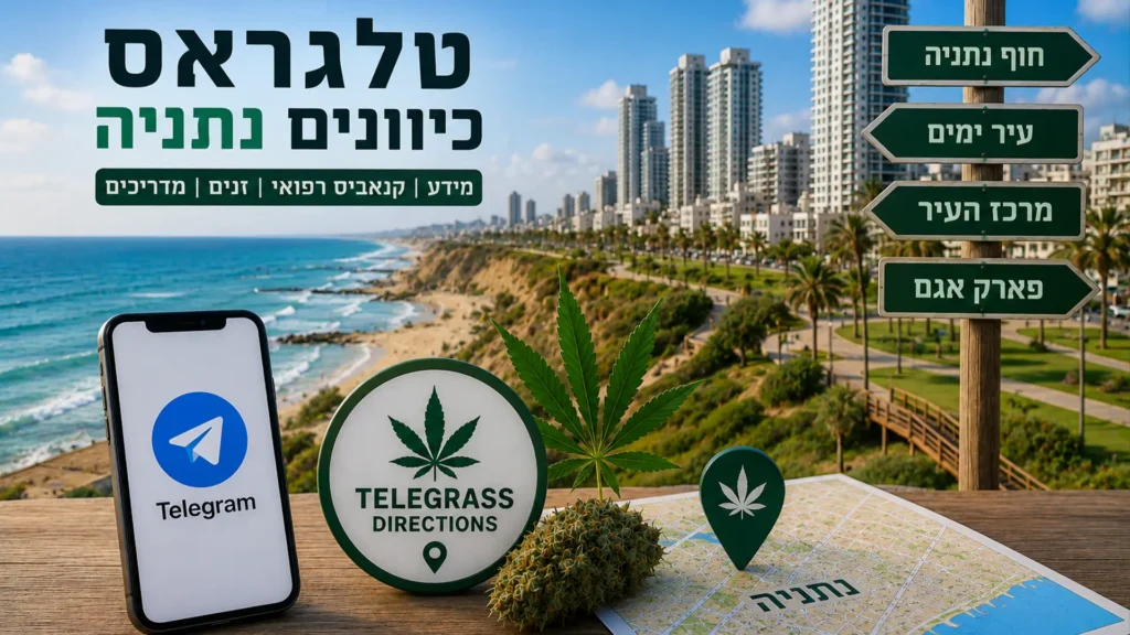 נוף העיר נתניה עם אלמנטים גרפיים המסמלים טלגראס כיוונים נתניה ומידע על קנאביס בישראל