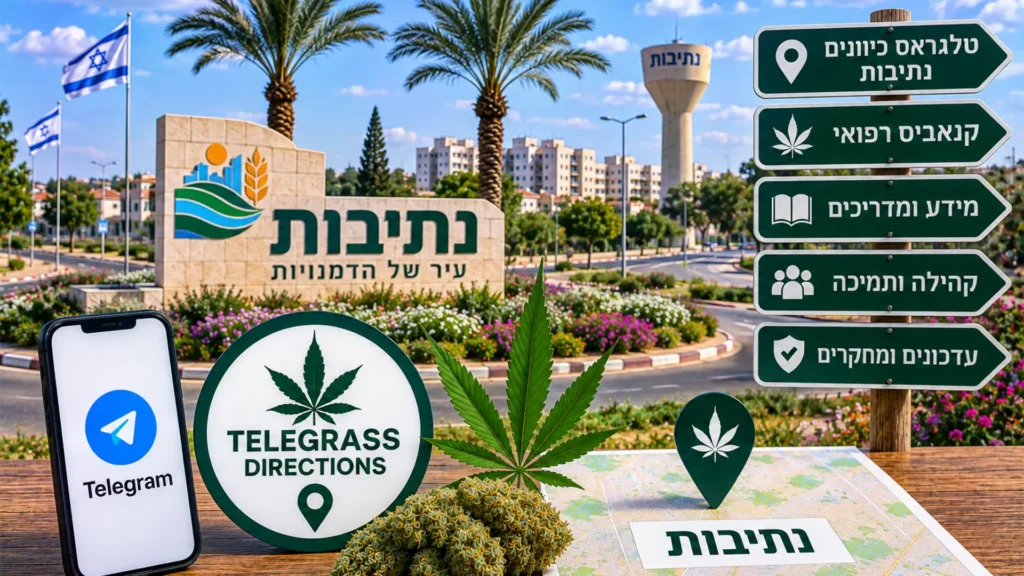 נוף העיר נתיבות עם אלמנטים גרפיים המסמלים טלגראס כיוונים נתיבות וכיוונים טלגראס ומידע על קנאביס בישראל