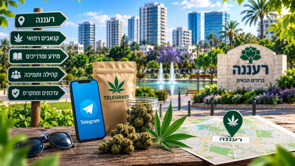 נוף העיר רעננה עם אלמנטים גרפיים המסמלים טלגראס כיוונים רעננה וכיוונים טלגראס ומידע על קנאביס בישראל