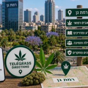 נוף העיר רמת גן עם אלמנטים גרפיים המסמלים טלגראס כיוונים רמת גן וכיוונים טלגראס ומידע על קנאביס בישראל