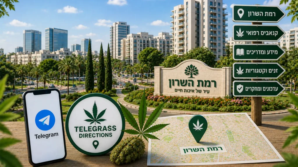 נוף העיר רמת השרון עם אלמנטים גרפיים המסמלים טלגראס כיוונים רמת השרון וכיוונים טלגראס ומידע על קנאביס בישראל