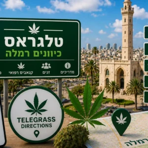 נוף העיר רמלה עם אלמנטים גרפיים המסמלים טלגראס כיוונים רמלה ומידע על קנאביס בישראל