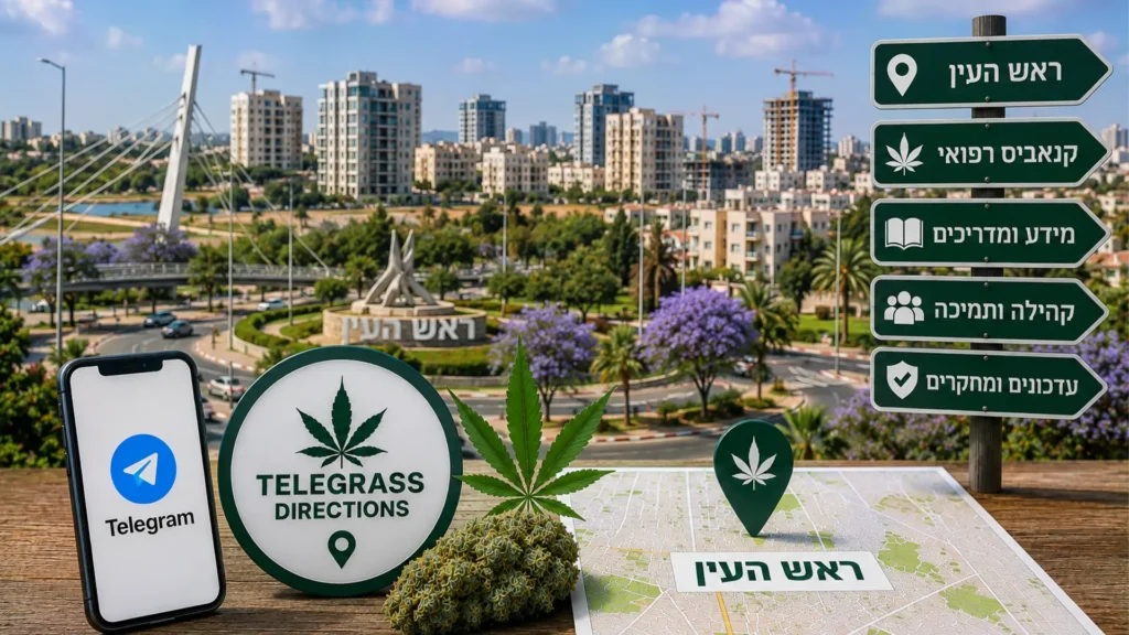 נוף העיר ראש העין עם אלמנטים גרפיים המסמלים טלגראס כיוונים ראש העין וכיוונים טלגראס ומידע על קנאביס בישראל
