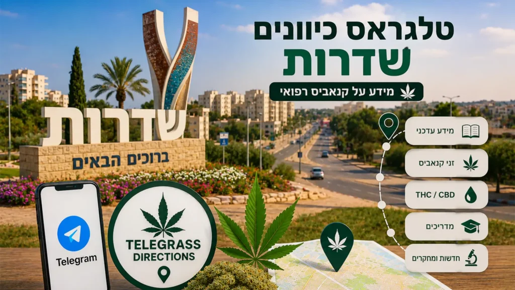 נוף העיר שדרות עם אלמנטים גרפיים המסמלים טלגראס כיוונים שדרות וכיוונים טלגראס ומידע על קנאביס בישראל