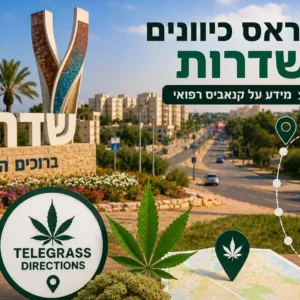 נוף העיר שדרות עם אלמנטים גרפיים המסמלים טלגראס כיוונים שדרות וכיוונים טלגראס ומידע על קנאביס בישראל
