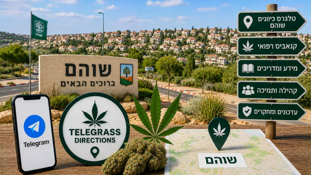 נוף היישוב שוהם עם אלמנטים גרפיים המסמלים טלגראס כיוונים שוהם וכיוונים טלגראס ומידע על קנאביס בישראל