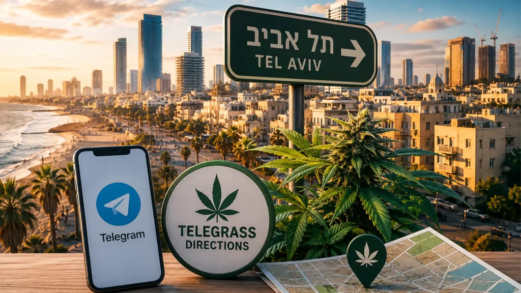 נוף תל אביב עם אלמנטים גרפיים המסמלים טלגראס כיוונים תל אביב ומידע על קנאביס בישראל