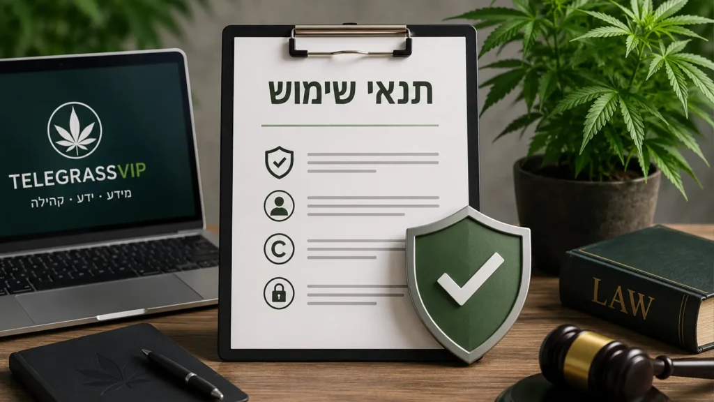 איור המייצג תנאי שימוש באתר TelegrassVIP עם מסמך דיגיטלי, סימן אישור ומרכיבי אבטחת מידע.