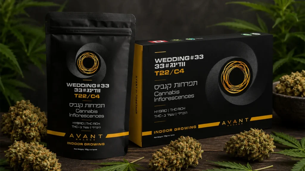 וודינג 33 (Wedding #33) - זן קנאביס רפואי היברידי T22/C4 של Avant Brands עם תפרחות קנאביס באריזת שקית וקופסה.