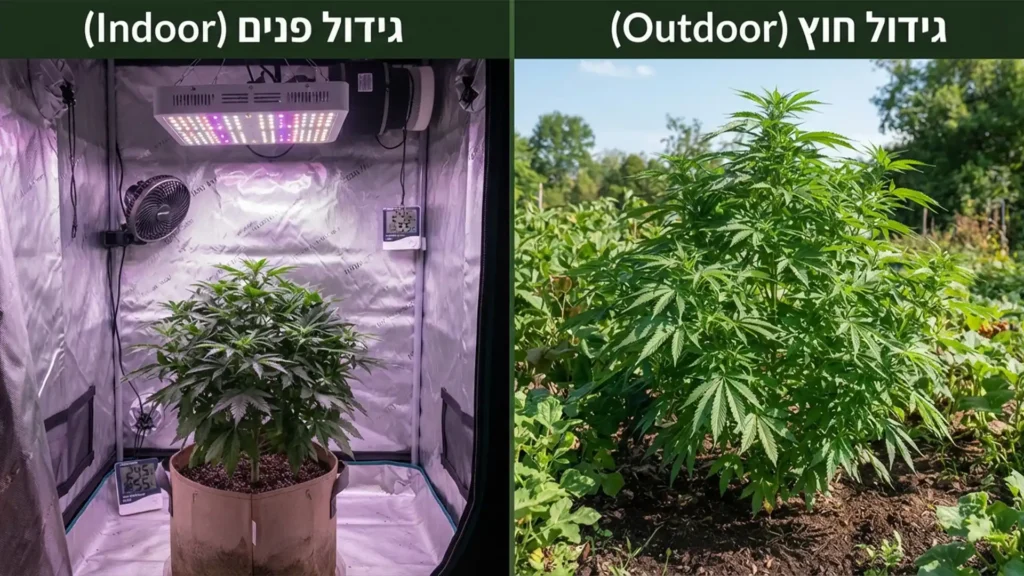 השוואת גידול קנאביס: מימין גידול חוץ באדמה תחת שמש טבעית, משמאל גידול פנים באוהל מבוקר עם תאורת LED ומערכת אוורור.