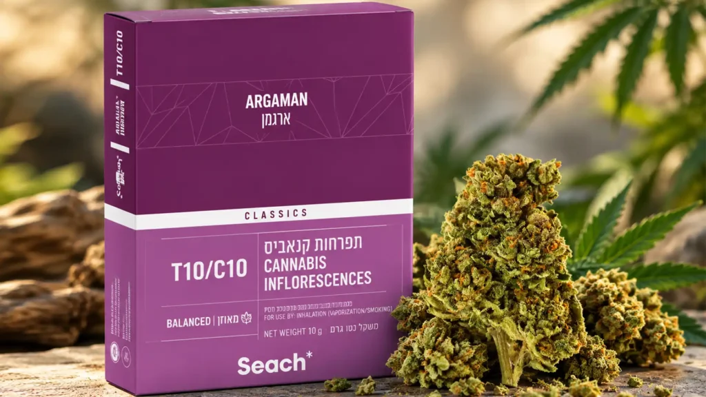 אריזת ארגמן של Seach Medical לצד תפרחות קנאביס בסקירת זן קנאביס רפואי T10/C10