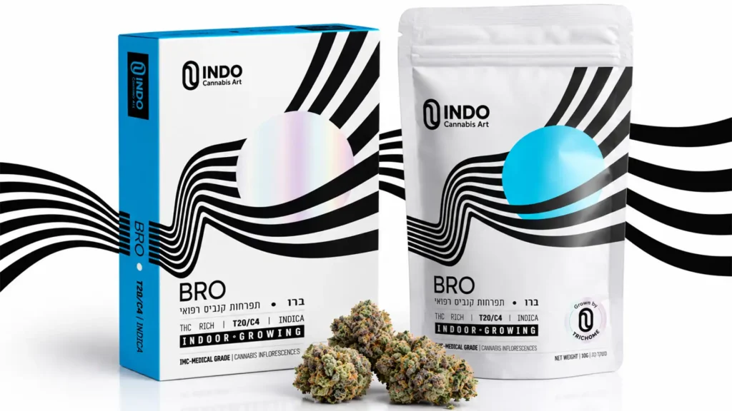 אריזת BRO של INDO Cannabis Art לצד שקית המוצר ותפרחות קנאביס מזן BRO על רקע לבן