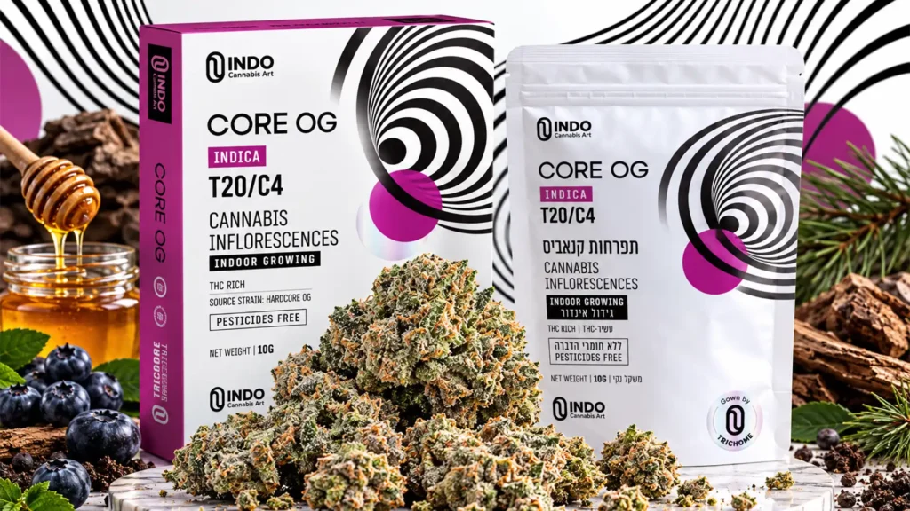אריזת Core OG של INDO Cannabis Art לצד שקית ותפרחות קנאביס במרכז - סקירת זן Core OG