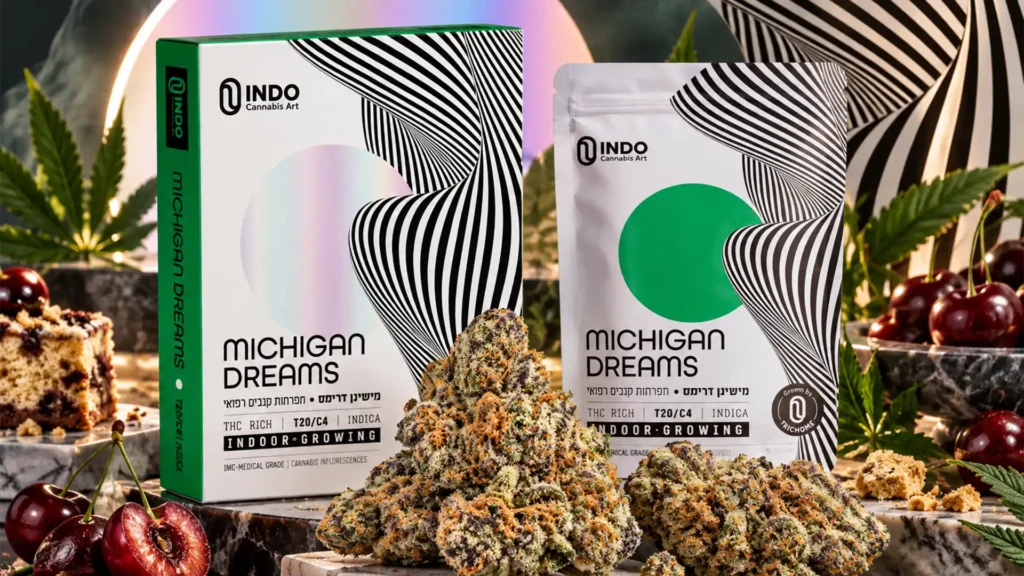 אריזת המוצר Michigan Dreams, שקית ותפרחות קנאביס רפואי עם דובדבנים ברקע