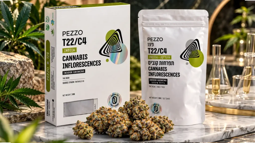 אריזות PEZZO של Trichome Cannabis Art לצד תפרחות קנאביס רפואי מסוג אינדיקה T22/C4