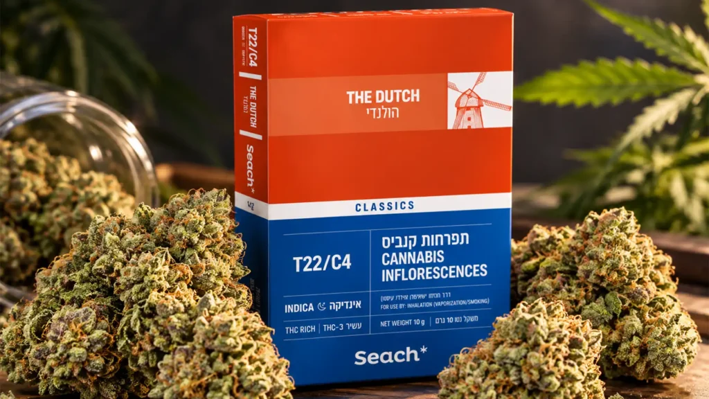 אריזת The Dutch של Seach Medical לצד תפרחות קנאביס בסקירת זן קנאביס רפואי T22/C4