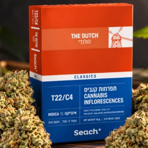 אריזת The Dutch של Seach Medical לצד תפרחות קנאביס בסקירת זן קנאביס רפואי T22/C4